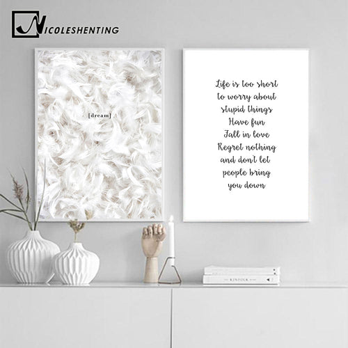 Feather Life Quote Canvas Posters Prints Minimalist Motivational Wall Art Painting Nordic Decoration Pictures Modern Home Decor